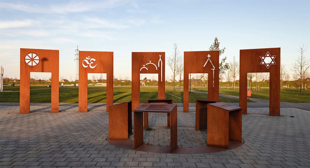 Artwork showing symbols of various religions in Hamm, Germany.

